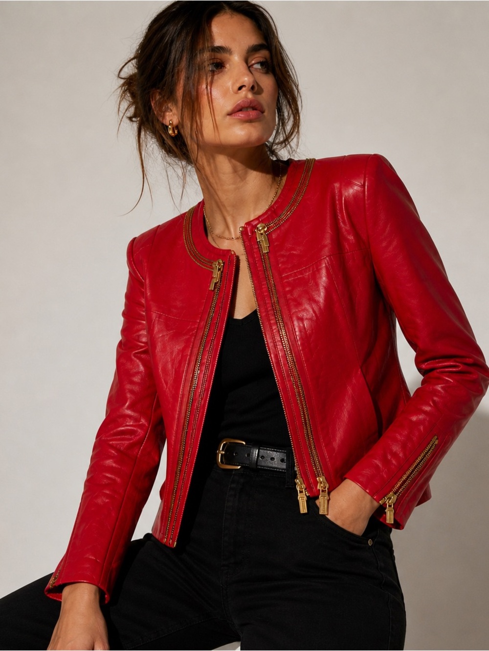 Red Sheep Leather Jacket Gold Zip Cropped Luxe Moto XS-S